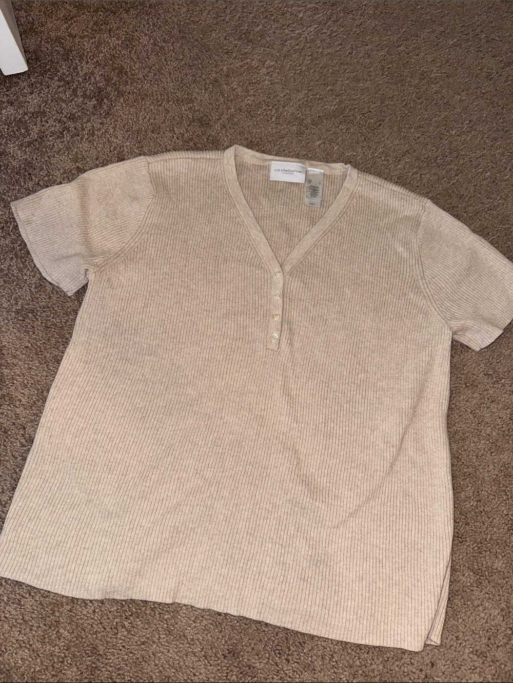 Liz Claiborne Lizsport Neutral Beige Ribbed Short Sleeve Henley